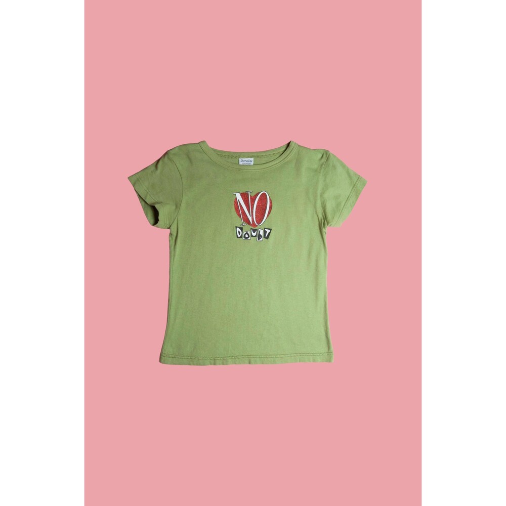 1990s-Y2K NO DOUBT. Green Short Sleeve OSFA. Heart Logo Baby Band Tee. XXS-XS
